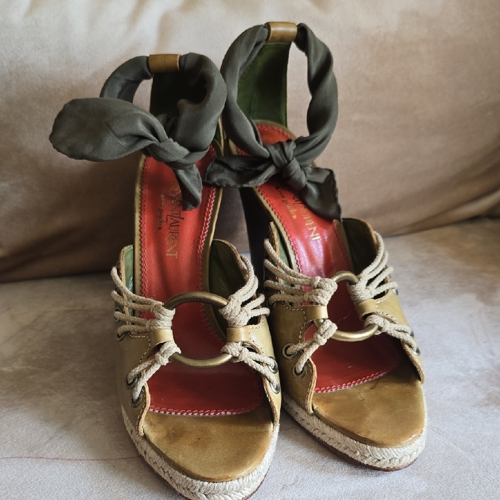 Yves Saint Laurent Tan and Olive Sandals